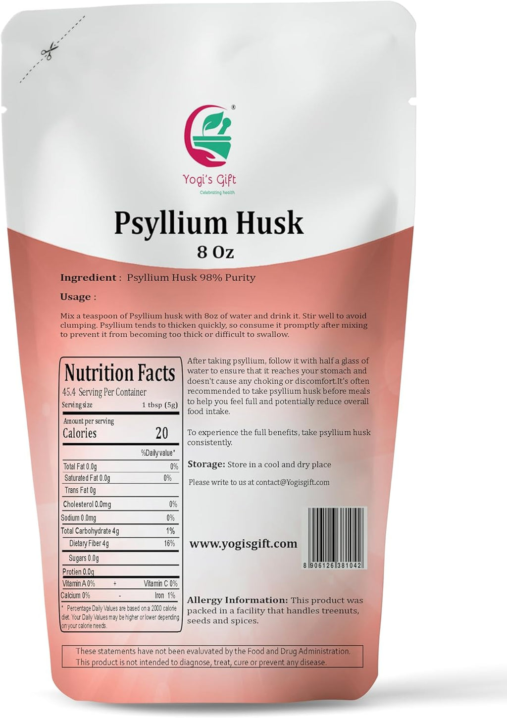 Psyllium Husk Whole 8 oz | 98% Purity | Soluble Fiber Supplement | Keto Friendly | Use in Smoothies, Cooking and Baking | Unflavored, Fine Ground, 100% Natural, Non GMO | by Yogi's Gift®