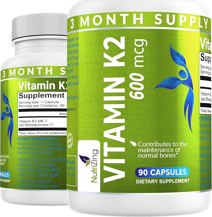 NutriZing K2 Vitamin Supplement MK-7 - High Strength 600mcg - Supports Bone & Arterial Health - 90 Vegan Capsules - Vitamin K2 for Men & Women - 3 Month Supply