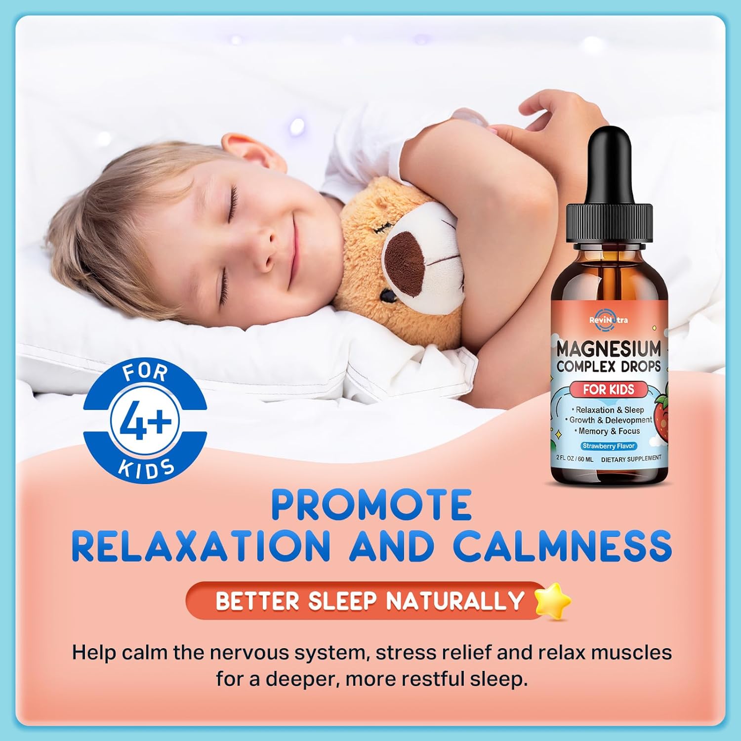 Magnesium Glycinate Liquid for Kids, Kids Magnesium Drops with L-Theanine, Calcium, Zinc, Vitamin D3 K2 for Sleep, Calm, Mood, Relaxation, Focus, Brain, Bones, Strawberry Flavor 2 Fl Oz