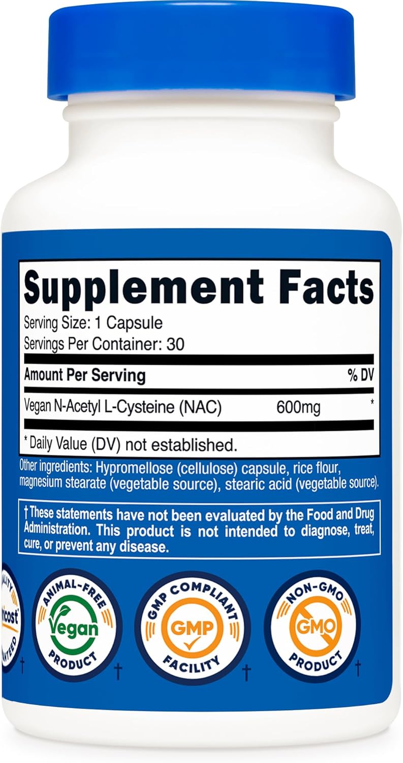Nutricost N-Acetyl L-Cysteine (NAC) 600mg, 30 Vegan Capsules - GMO Free, Gluten Free, Vegetarian Caps