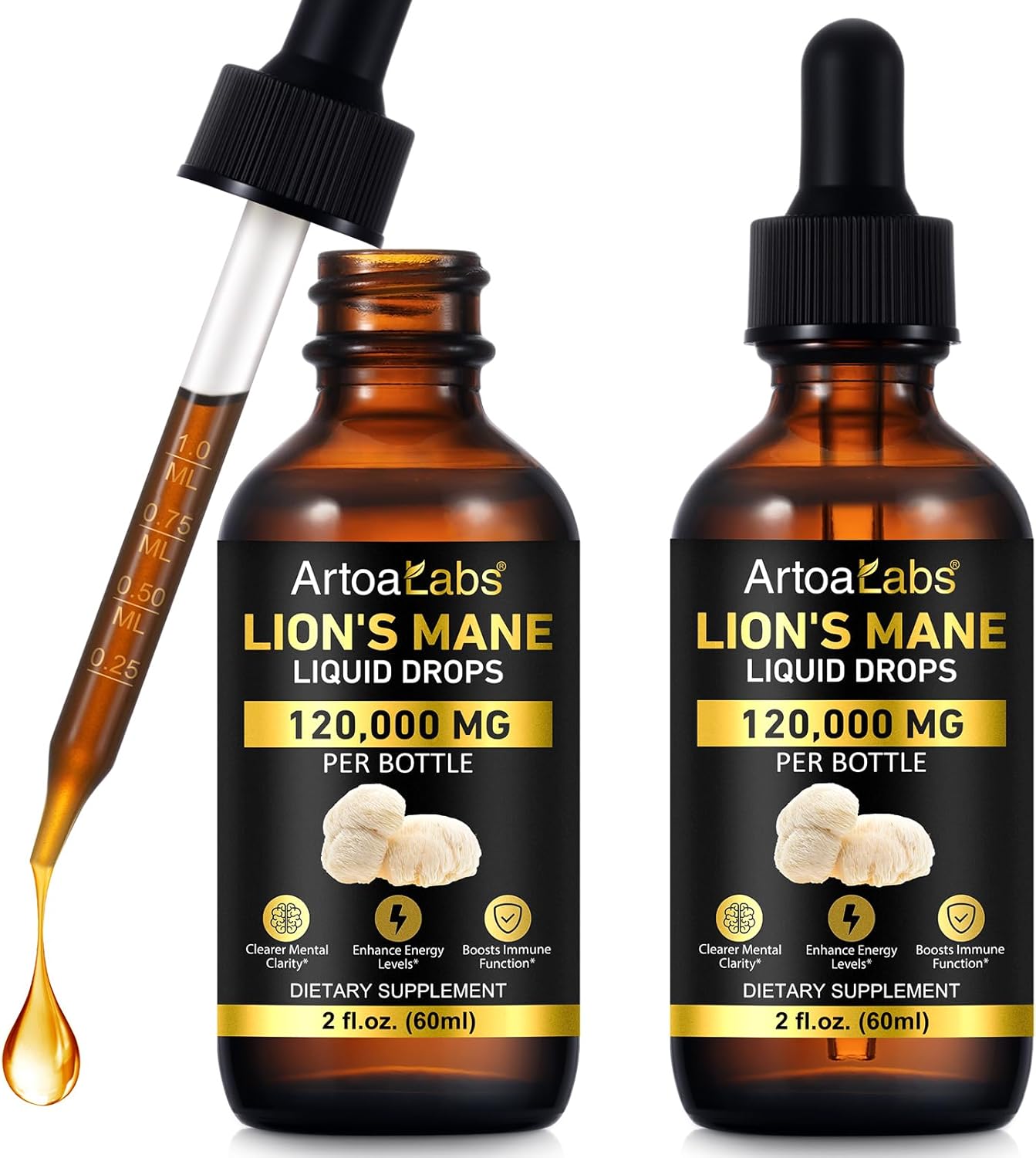 Lions Mane Mushroom Drops - 2Pack, Brain Supplement 120,000 MG, Brain Vitamins, Enhance Memory & Focus & Immunity, 4 Oz