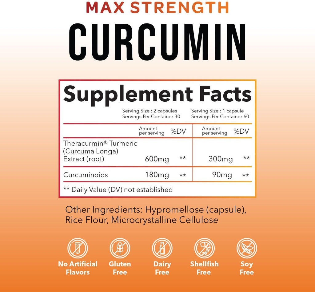 Theracurmin Turmeric Curcumin Supplement, 60 Count, High Absorption Turmeric & Curcumin -Joint Support Supplement - 42.6X More Bioavailablity