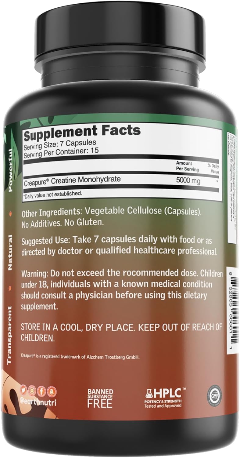 EarthNutri Creatine Monohydrate Capsules - Micronized for Better Absorption - Supports Muscle Strength, Strength & Recovery - 105 Capsules (5000mg per Serving, 7 Capsules)