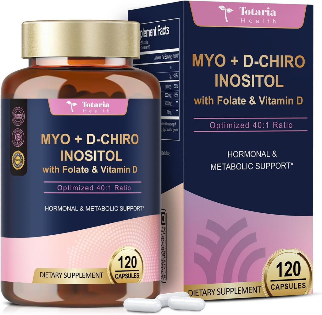 Myo-Inositol & D-Chiro Inositol Supplement Capules 3075mg, Plus Multivitamin Vitamin D3, Folate, Ideal 40:1 Ratio - Hormonal Balance for Women & Ovarian* Support | Vegan, Non GMO - 120 Caps