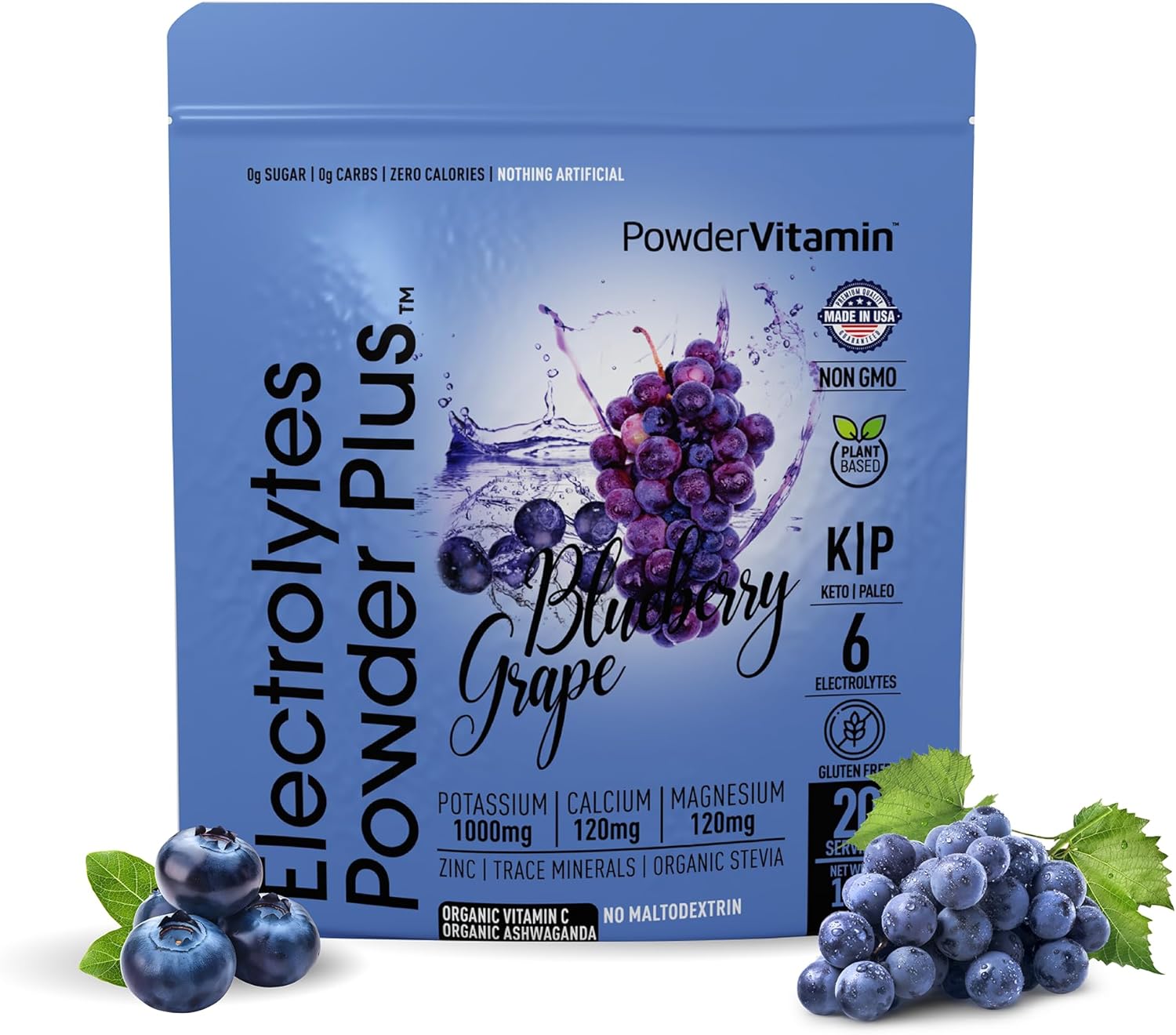 PowderVitamin Electrolytes Powder Plus (20 Servings) Blueberry Grape Electrolyte Powder Zero Calorie Keto,0 Sugar, No Maltodextrin,1000mg Potassium,120mg Calcium,120mg Magnesium, Pink Himalayan Salt