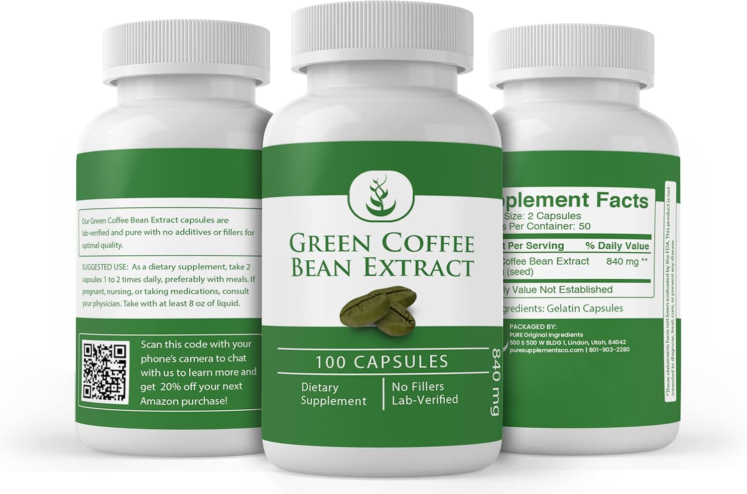 PURE ORIGINAL INGREDIENTS Green Coffee Bean Extract, (100 Capsules) Always Pure, No Additives Or Fillers, Lab Verified