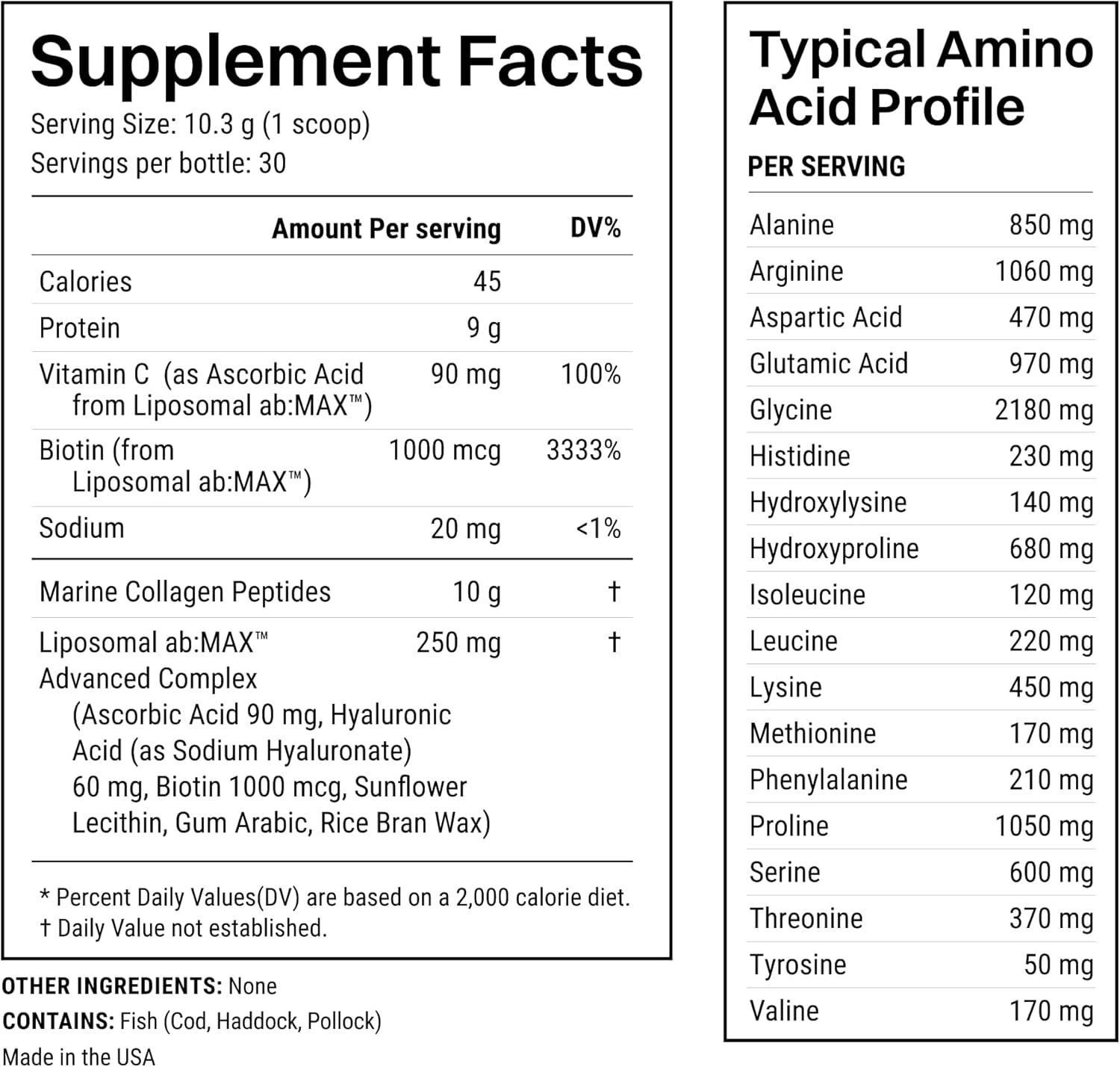 Advanced Marine Collagen Powder Plus Liposomal Vitamin C, Hyaluronic Acid & Biotin, Sugar-Free Type I Collagen Supplement for Skin, Hair, Nails, Joint & Gut Health - 30 Servings, Unflavored