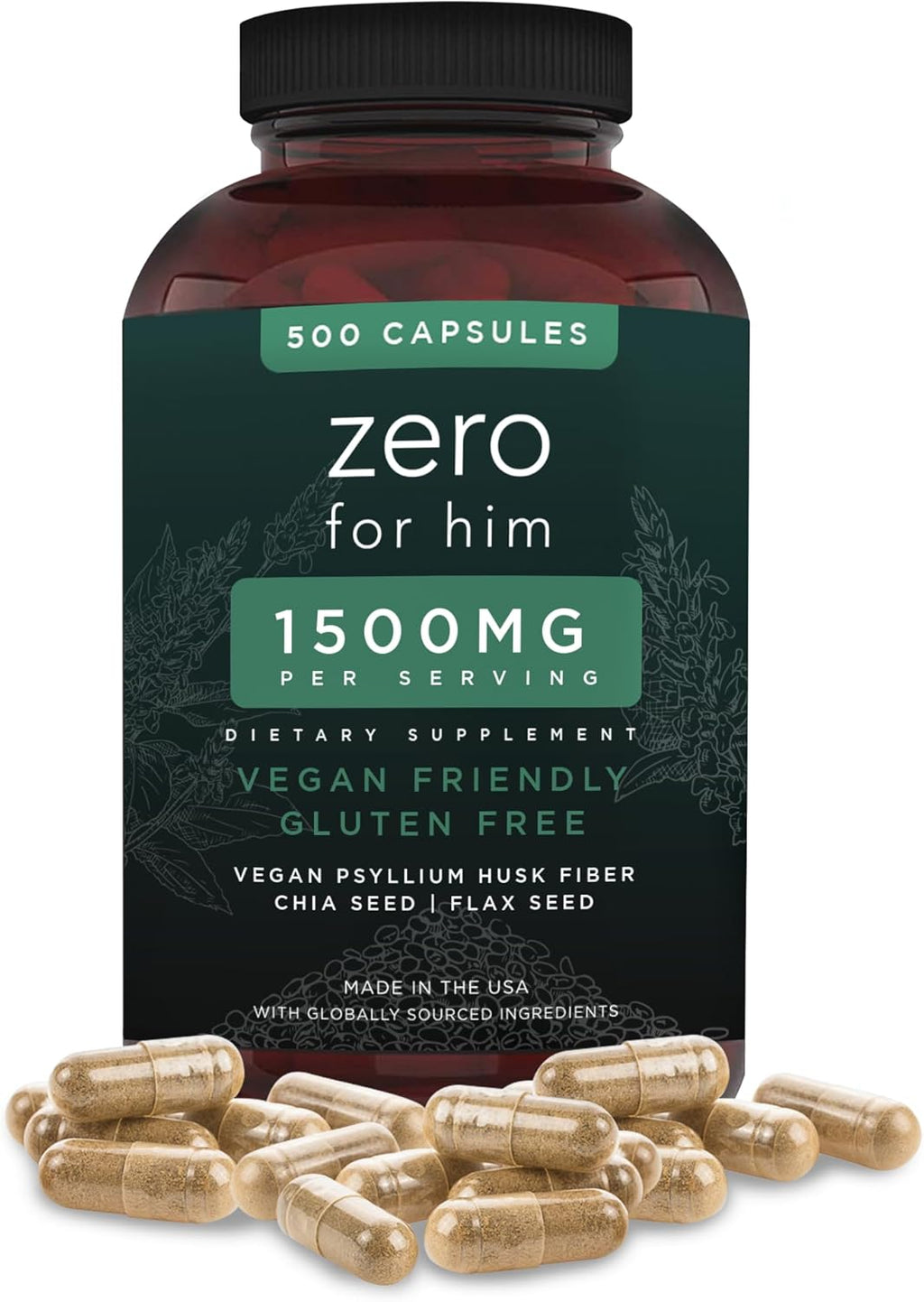 California Basics Vegan Fiber Supplement Capsules (500 Count) - Daily Dietary Chia Flaxseed Psyllium Husk - Normal Strength Digestive Support - Stool Hardener for Men