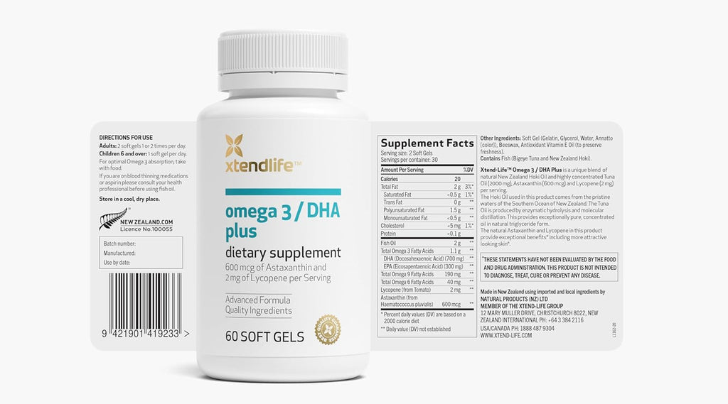 Xtendlife Omega 3 DHA Plus Fish Oil Supplement - 1100mg Omega-3 with DHA and EPA - Includes Lycopene and Astaxanthin to Support Heart, Brain, Eye, and Skin - 1 Month Supply (60 Count)
