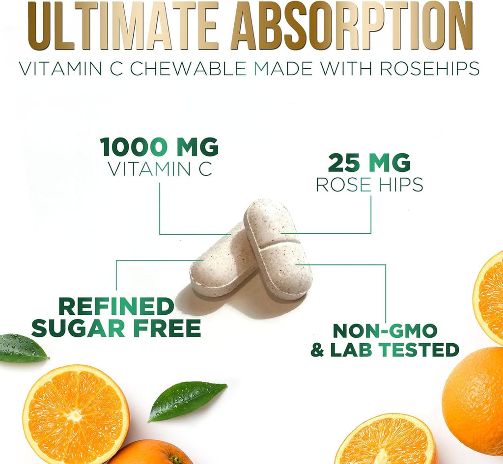 Vitamin C Chewable 1000mg - Extra Strength Antioxidants for Powerful Immune Support w/Vitamin C & Rose HIPS - Potent Dietary VIT C Chews Supplement, Natural, Vegan, Gluten-Free, Non-GMO - 120 Tablets