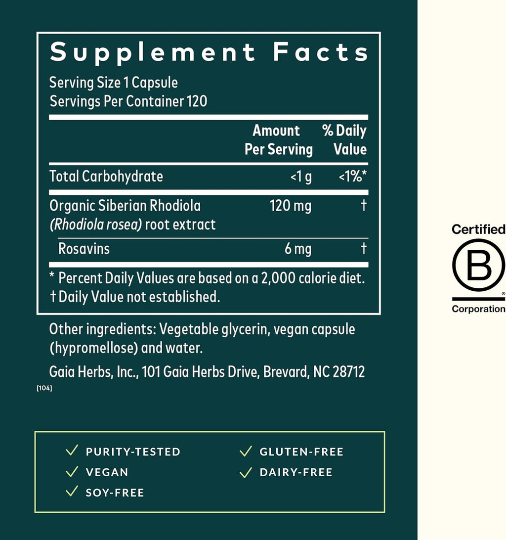 Gaia Herbs Rhodiola Rosea - Stress Support Supplement Traditionally for Supporting Healthy Stamina & Endurance - with Siberian Rhodiola Root Extract* - 120 Vegan Liquid Phyto-Capsules (60-Day Supply)