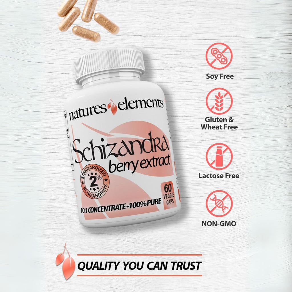 Natures Elements Schizandra Berry Extract – 10:1 Standardized Extract with 2% Schizandrins – 1000mg Per Serving – 60 Veggie Capsules – Non-GMO, Gluten-Free – Traditional Chinese Herb
