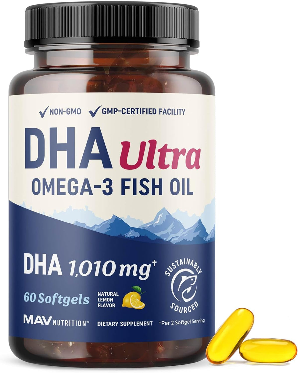 DHA Ultra 1,010MG | Brain & Cognitive Health Support | Omega 3 Fish Oil | 1,414MG Total Omega-3s | High Strength DHA Supplements | Third-Party Tested, Sustainably Sourced, Gluten-Free | 60 Ct.