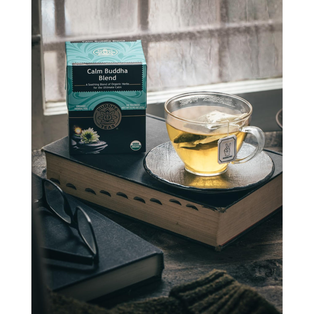 Buddha Teas - Calm Buddha Blend - Organic Herbal Tea - For Health & Wellbeing - Blend of Organic Herbs - Clean Ingredients - Caffeine Free - OU Kosher & Organic - Non-GMO - 18 Bleach-Free Tea Bags