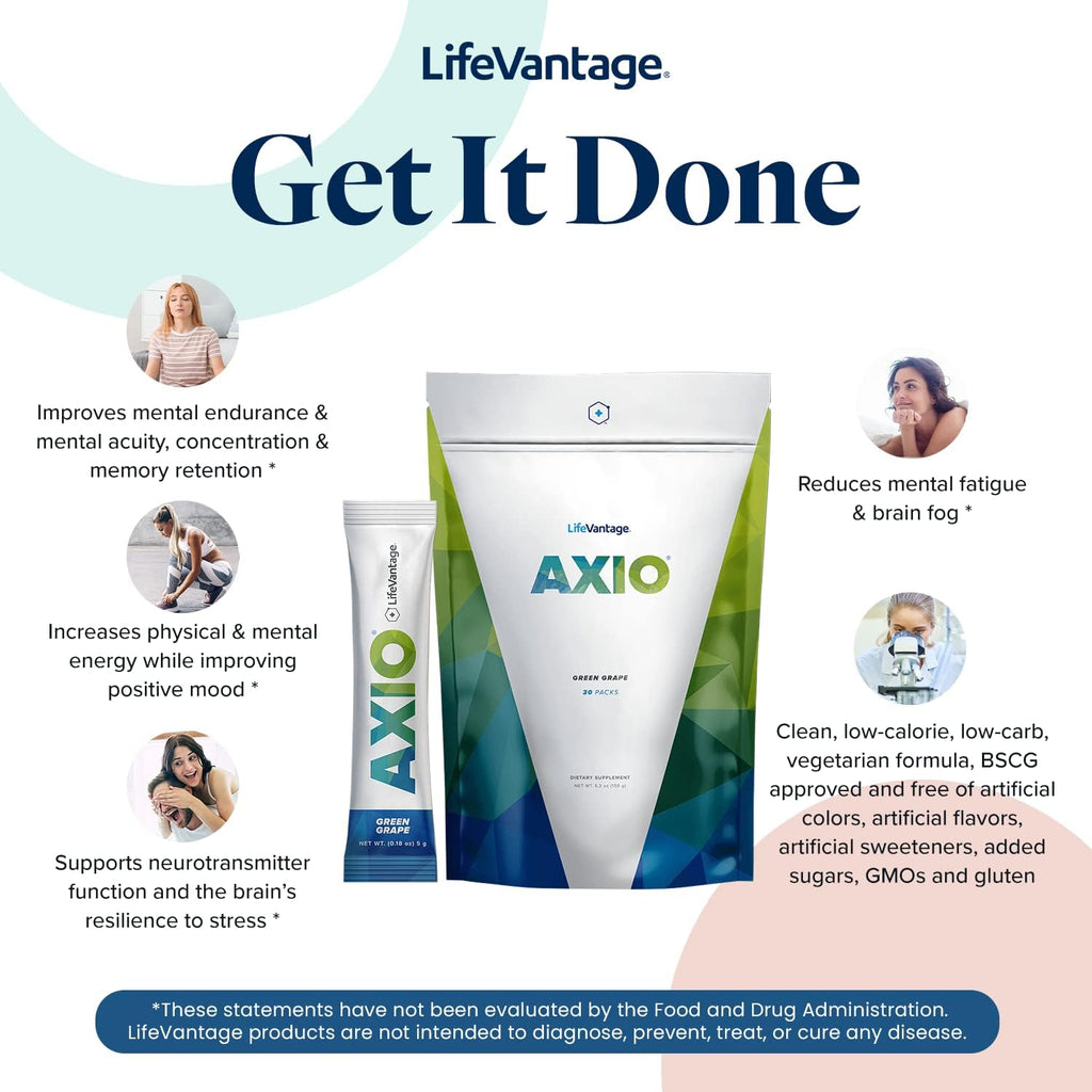 LifeVantage AXIO Regular Energy Drink Powder, Nootropic Supplement, Focus & Mood Support, with L-theanine, Green Tea, B Vitamins, DMAE, Quercetin & Pine Bark, Green Grape, 30 Packets