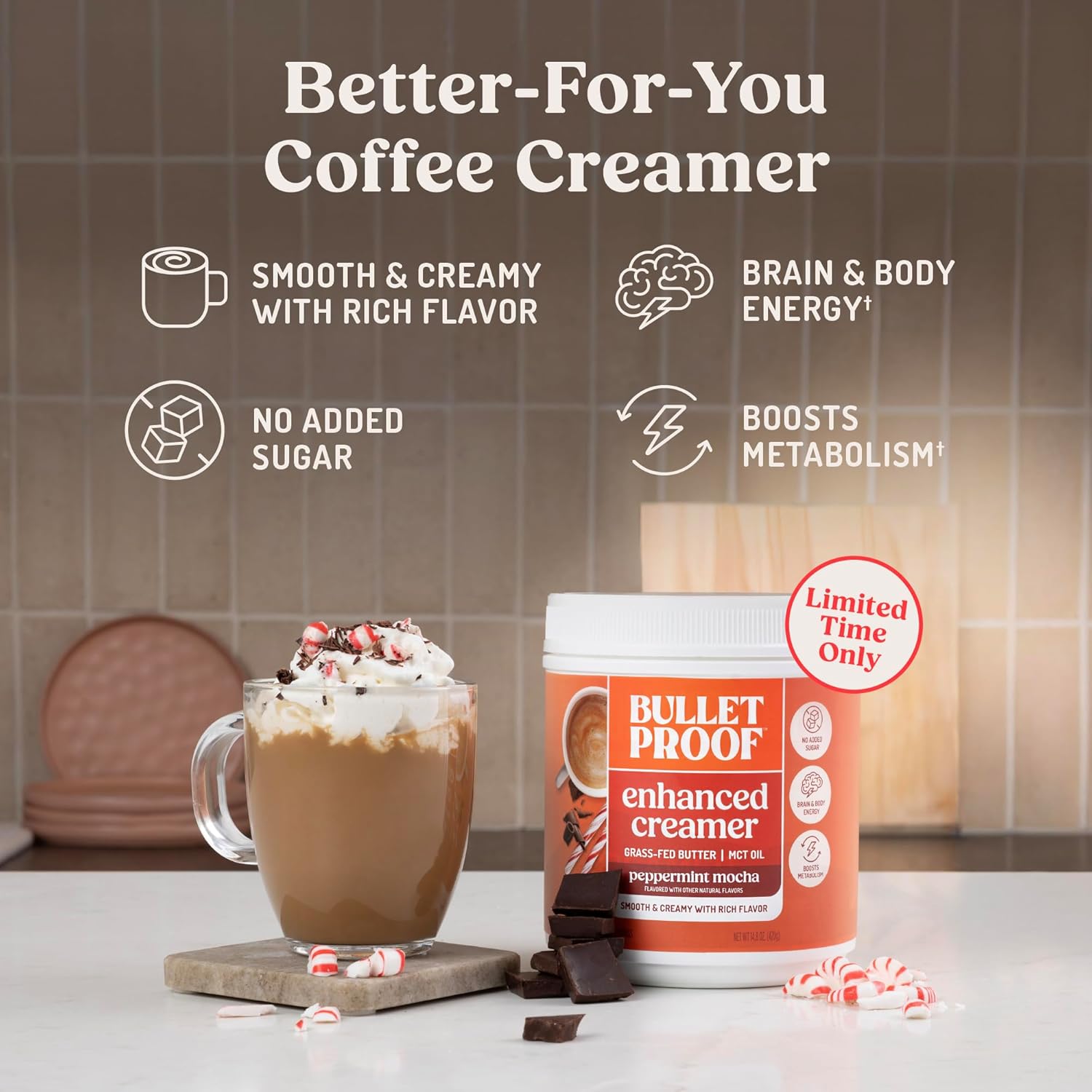 Bulletproof Peppermint Mocha Creamer, 14.8 Ounces, Keto Coffee Powder Creamer with MCT Oil and Grass-Fed Butter