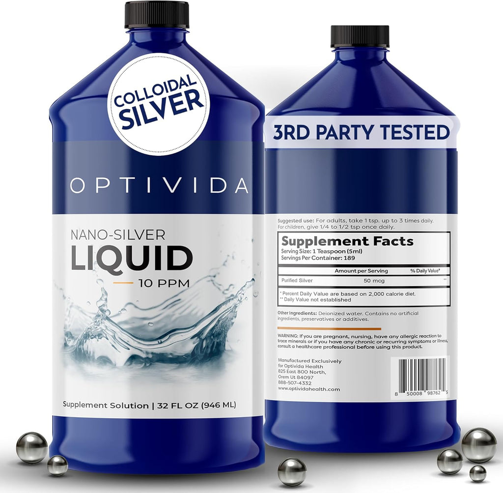 Optivida Health Colloidal Silver Liquid (32 oz) – Immune Support Supplements with Silver Hydrosol, Liquid for Immune Support, Colloidal Silver for Immune System.