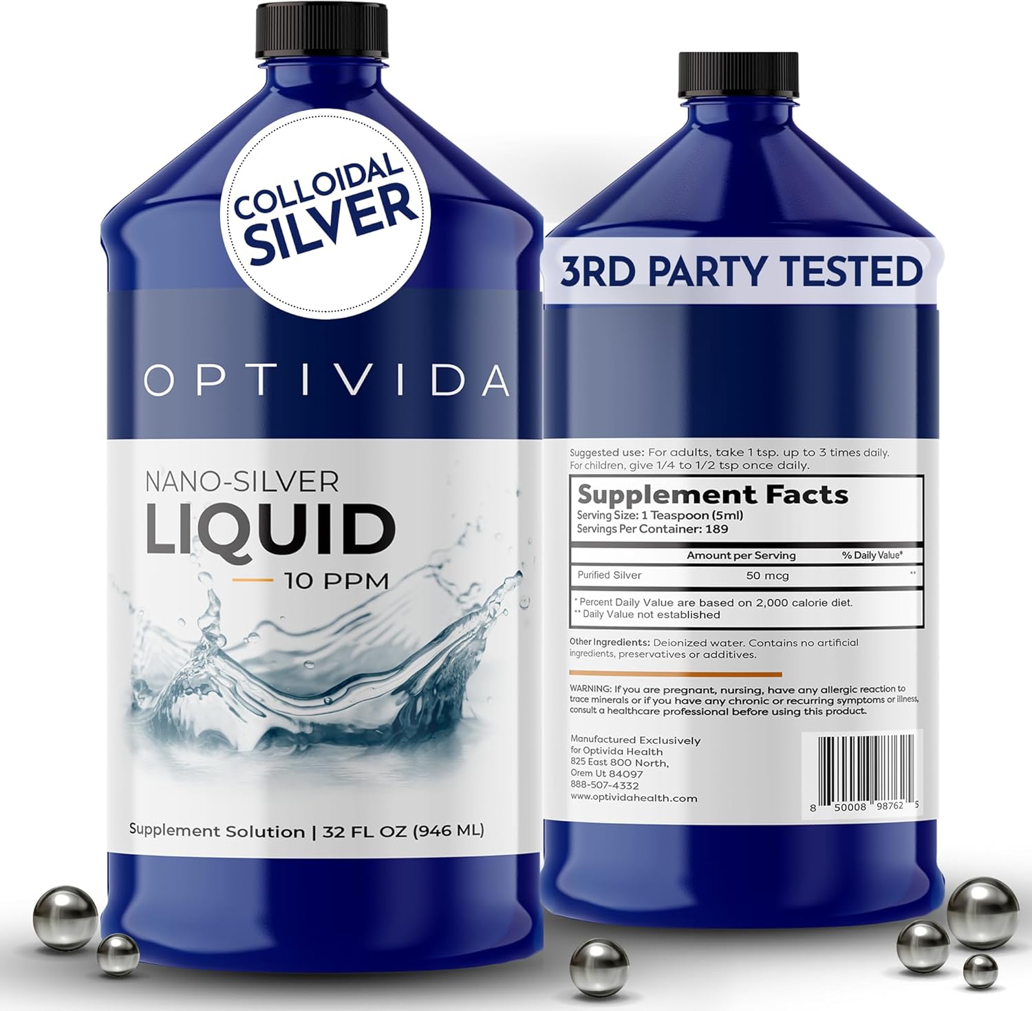 Optivida Health Colloidal Silver Liquid (32 oz) – Immune Support Supplements with Silver Hydrosol, Liquid for Immune Support, Colloidal Silver for Immune System.