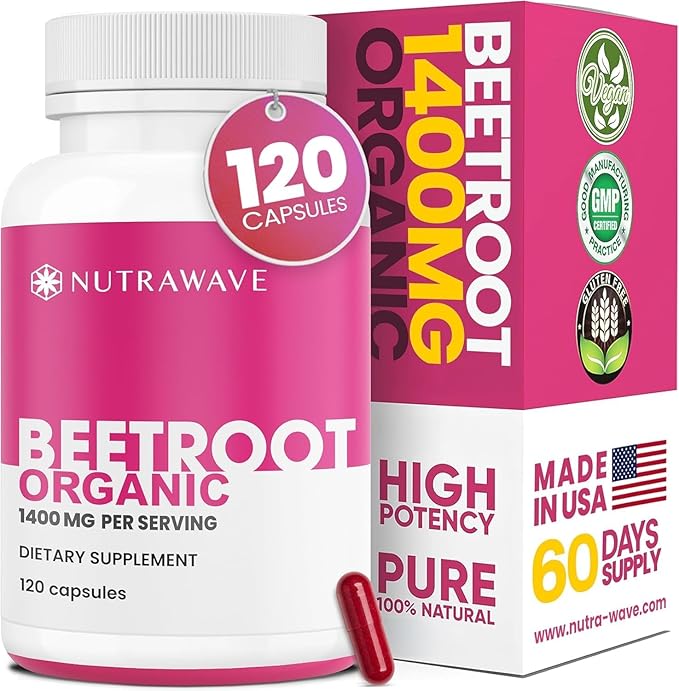 Nutrawave 1400mg Organic Beet Root Capsules, Nitric Oxide Support, Beta Vulgaris Powder – 120 Vegan Capsules / 60-Day Supply - 1 Pack