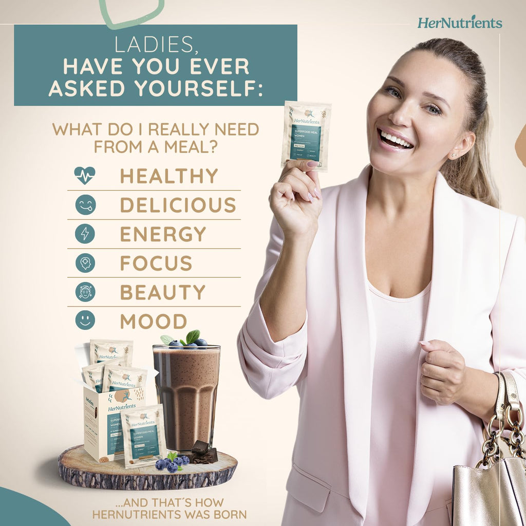 SuperFood Meal Replacement for Women - All-In-One Protein Powder with Greens & Vitamins & Collagen | Chocolate Protein Shake & Supplement Snack for Women's Health, Energy, Focus, Beauty, Mood, No Added Sugar (12 Packets On-The-Go, Chocolate)