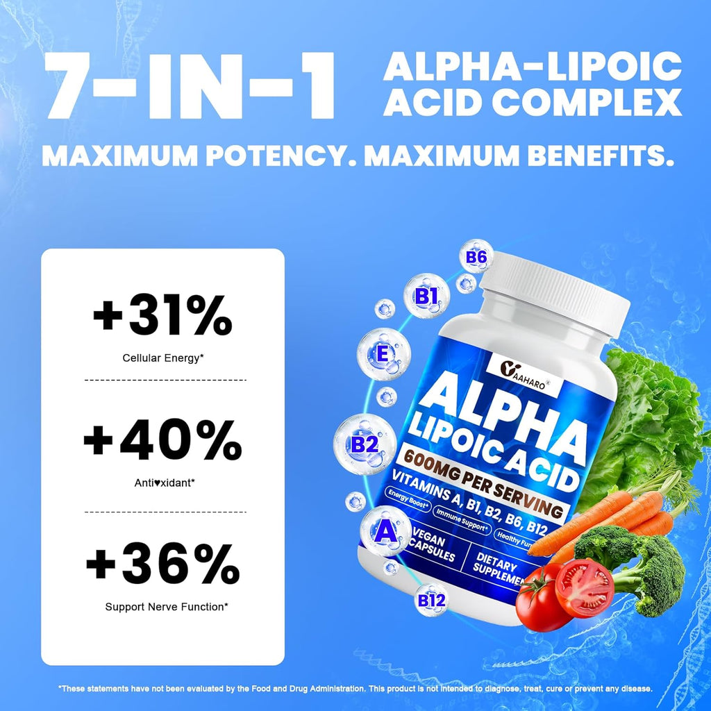 Alpha Lipoic Acid 600mg, ALA Supplement for Energy Boost, Immune Support, Healthy Function, and Enhanced Absorption, R-Alpha Lipoic Acid with Essential Vitamins, 120 Capsules