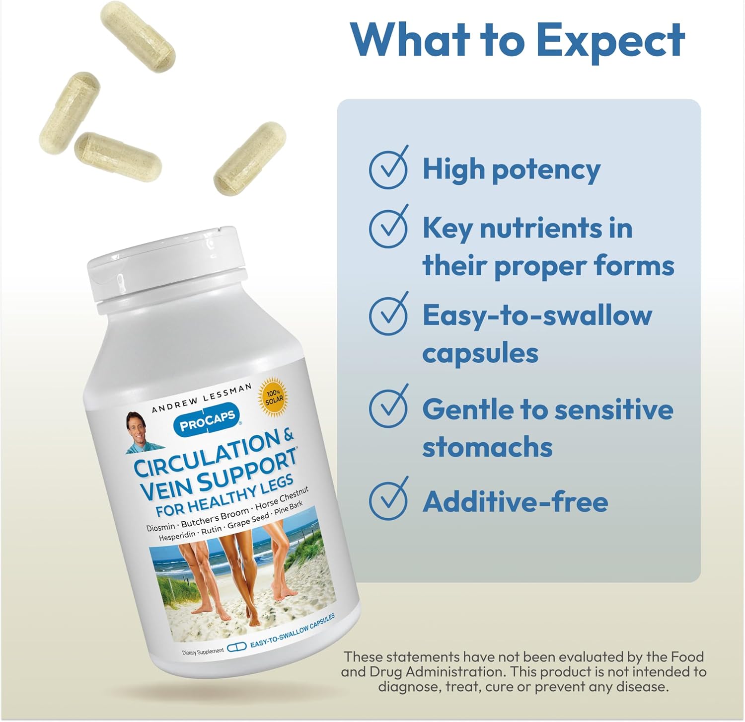 ANDREW LESSMAN Circulation, Vein Support for Healthy Legs 60 Capsules - High Bioactivity Diosmin, Butcher's Broom, Visibly Reduces Swelling and Discomfort in Feet, Ankles, Calves, Legs