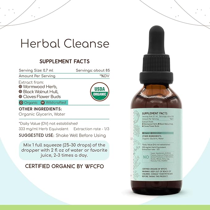 HerbEra Herbal Cleanse Organic Alcohol-Free Tincture | Detox and Cleanse Formula, Extract Supplement | Organic Wormwood Herb, Black Walnut Hull, Cloves Flower Buds | Purge Extract (2 fl oz)