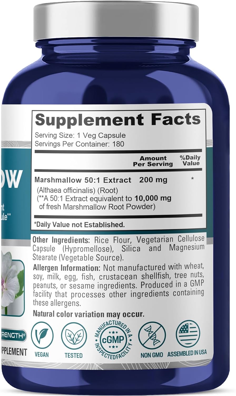 NusaPure Marshmallow Root 50:1 Extract, 200 mg Equivalent to 10,000mg Per Veggie Caps 180 Count (Non-GMO, Vegan) Bioperine