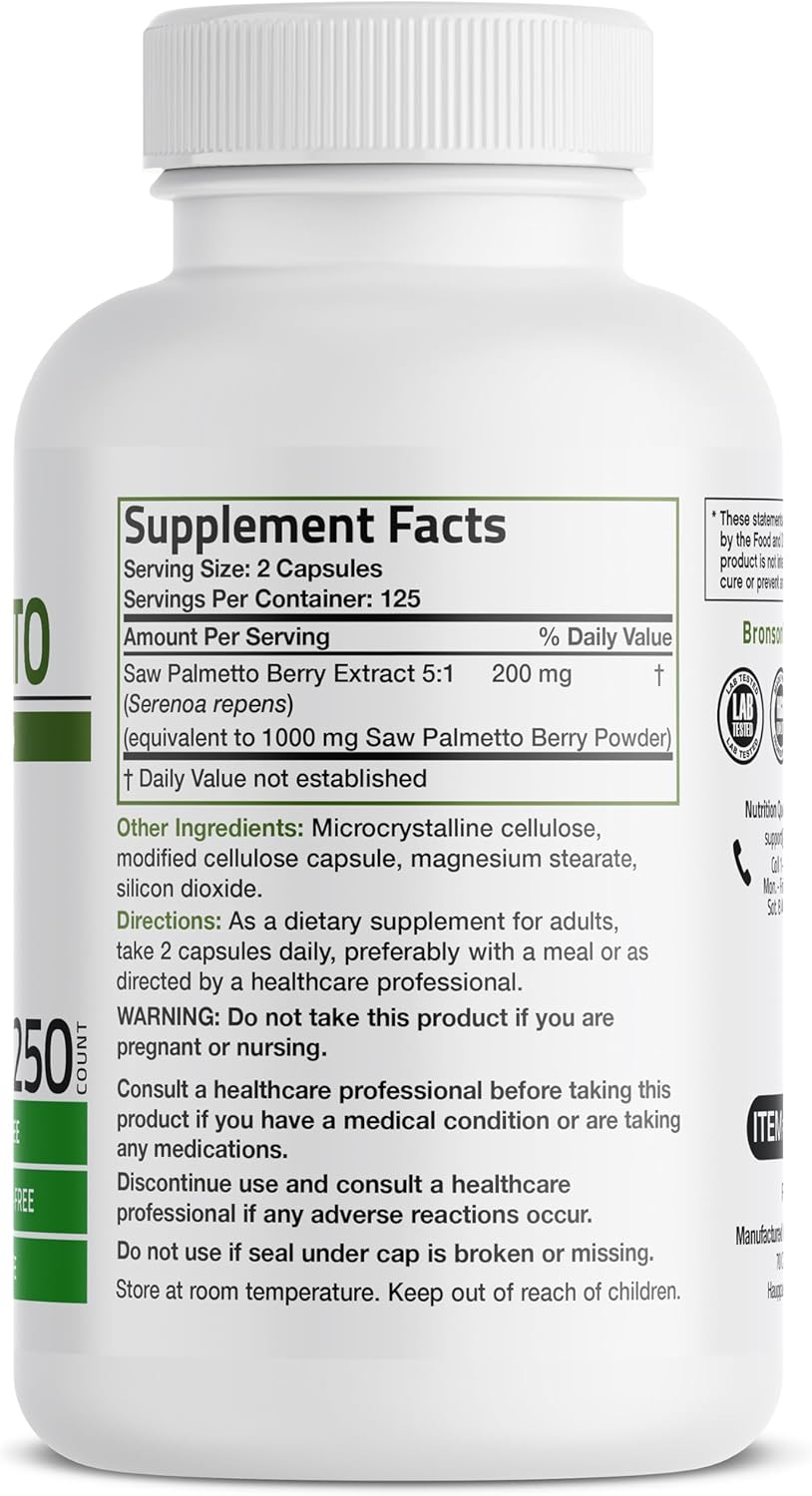 Bronson Saw Palmetto Extra Strength Supports Healthy Prostate Function & Urinary Health Support - Non GMO, 250 Vegetarian Capsules