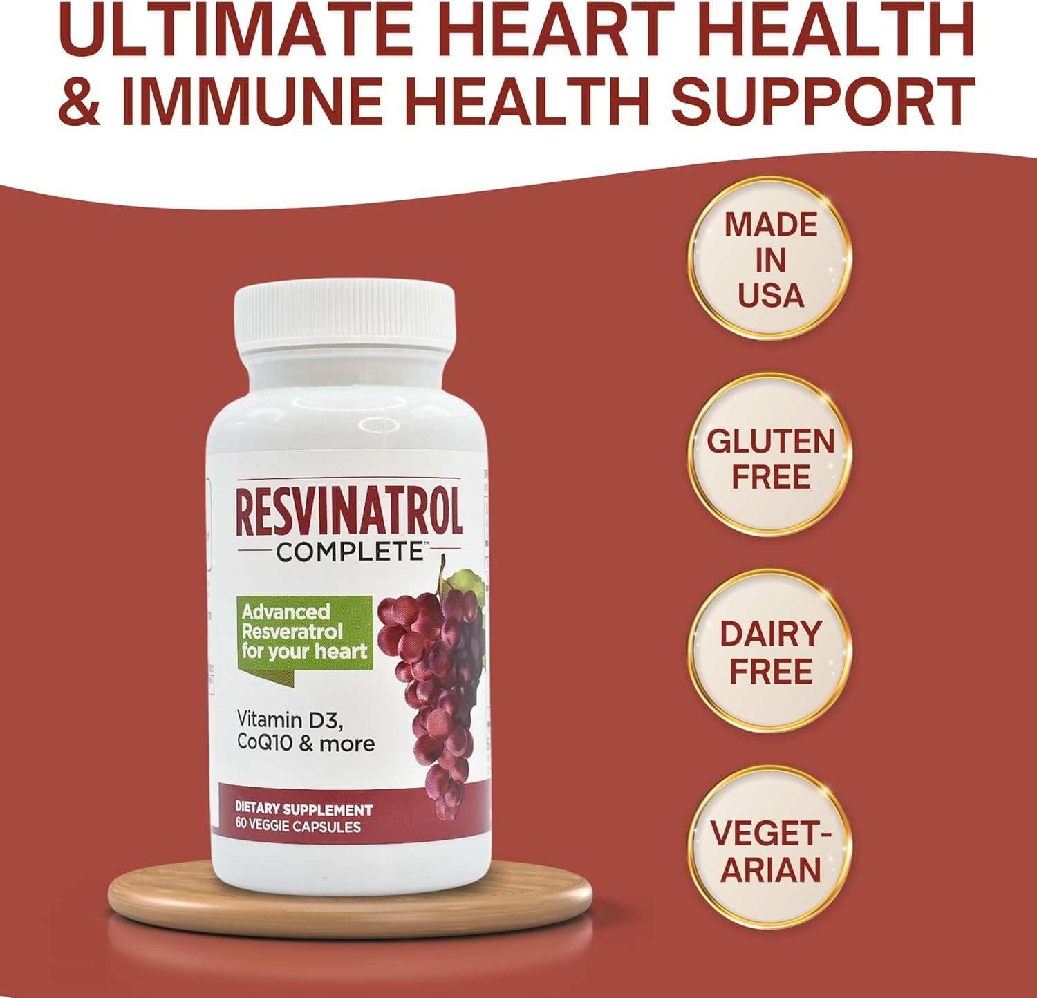 Capsules, 60 Count- Resveratrol Supplement Supports Healthy Aging, Heart Health, and Immune Function with Quercetin, Grape Seed Extract, Vitamin D3 and CoQ10