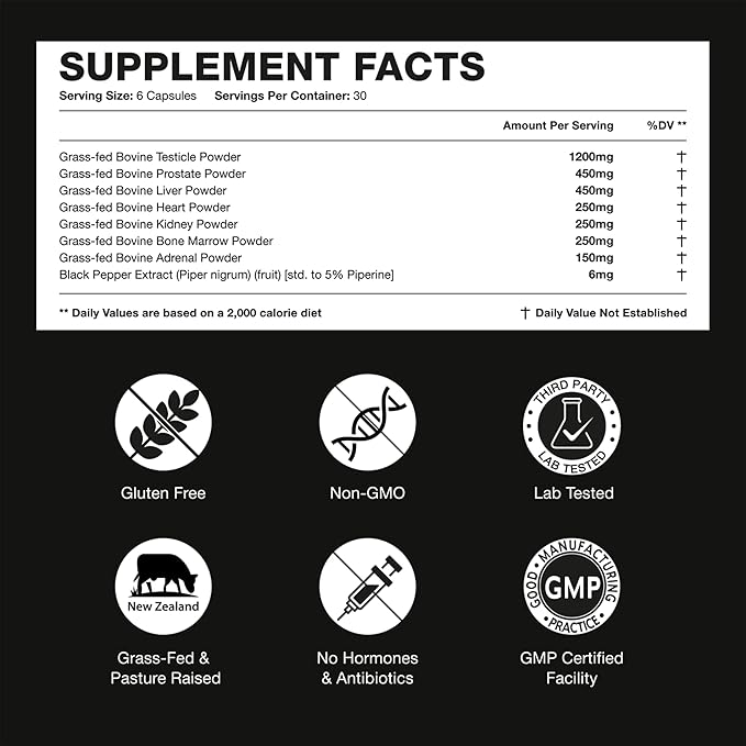 Beef Organ Supplement for Men | 100% Grass Fed Beef Liver Capsules with Bull Testicle, Prostate, Bone Marrow & More | Bloom X - Ancestral Superfoods for Vital Energy, Immunity & Men’s Health | 180 ct