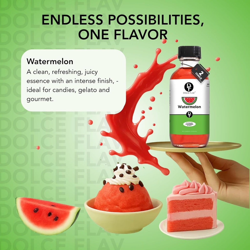 Dolce Flav Watermelon Extract – 2 Ounce Oil-Soluble Kosher, Sugar-Free, Concentrated Juicy Watermelon Flavoring for Baking, Chocolates & Desserts, Includes Measured Dropper