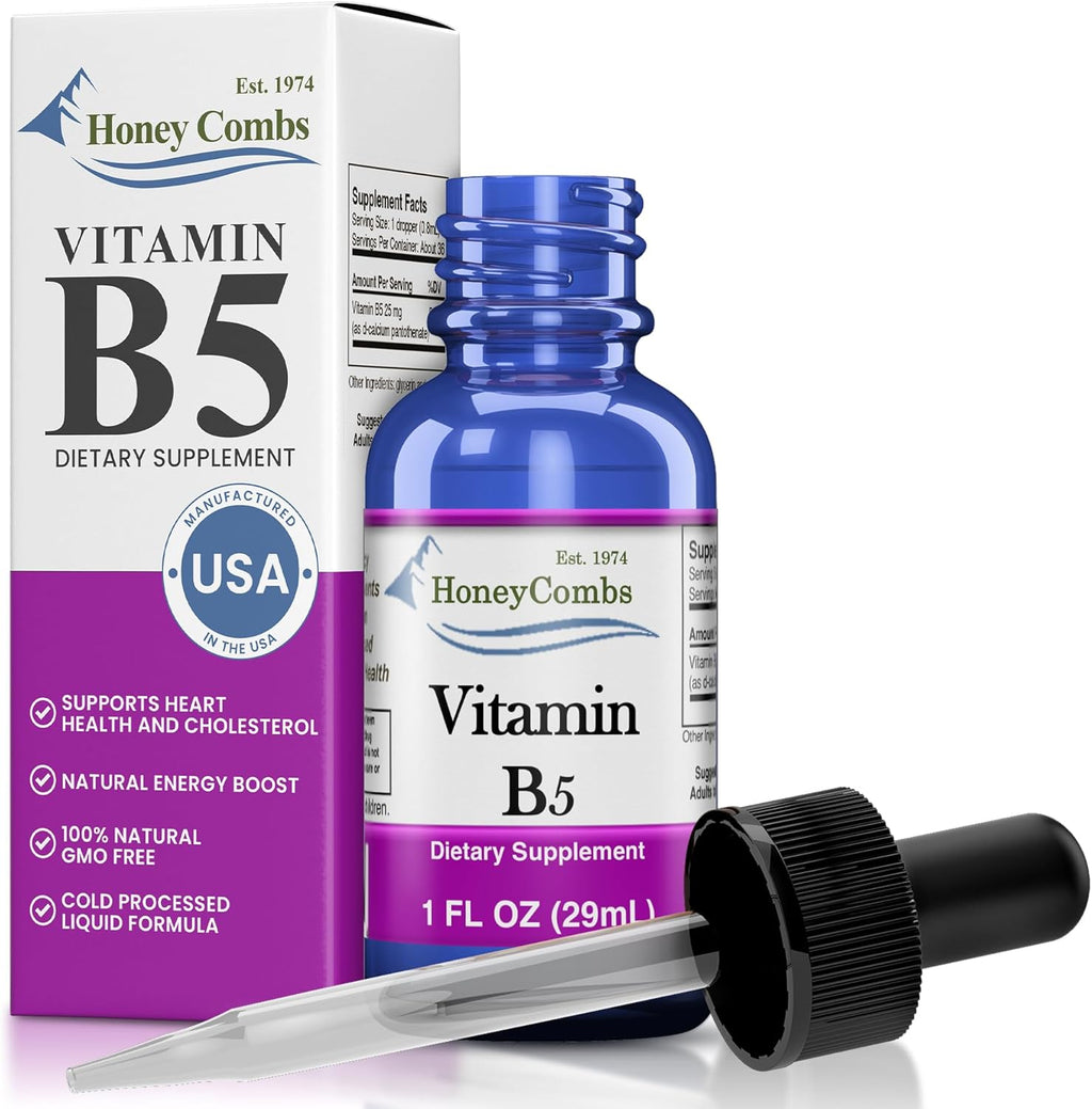 HoneyCombs Vitamin B5 Pantothenic Acid Supplement Liquid Drops - High Potency Vitamin B5 for Men & Women - Maintain Healthy Hormones, Immune System, Hair, Skin, Nails - Vegan Liquid Vitamins (1 Fl oz)