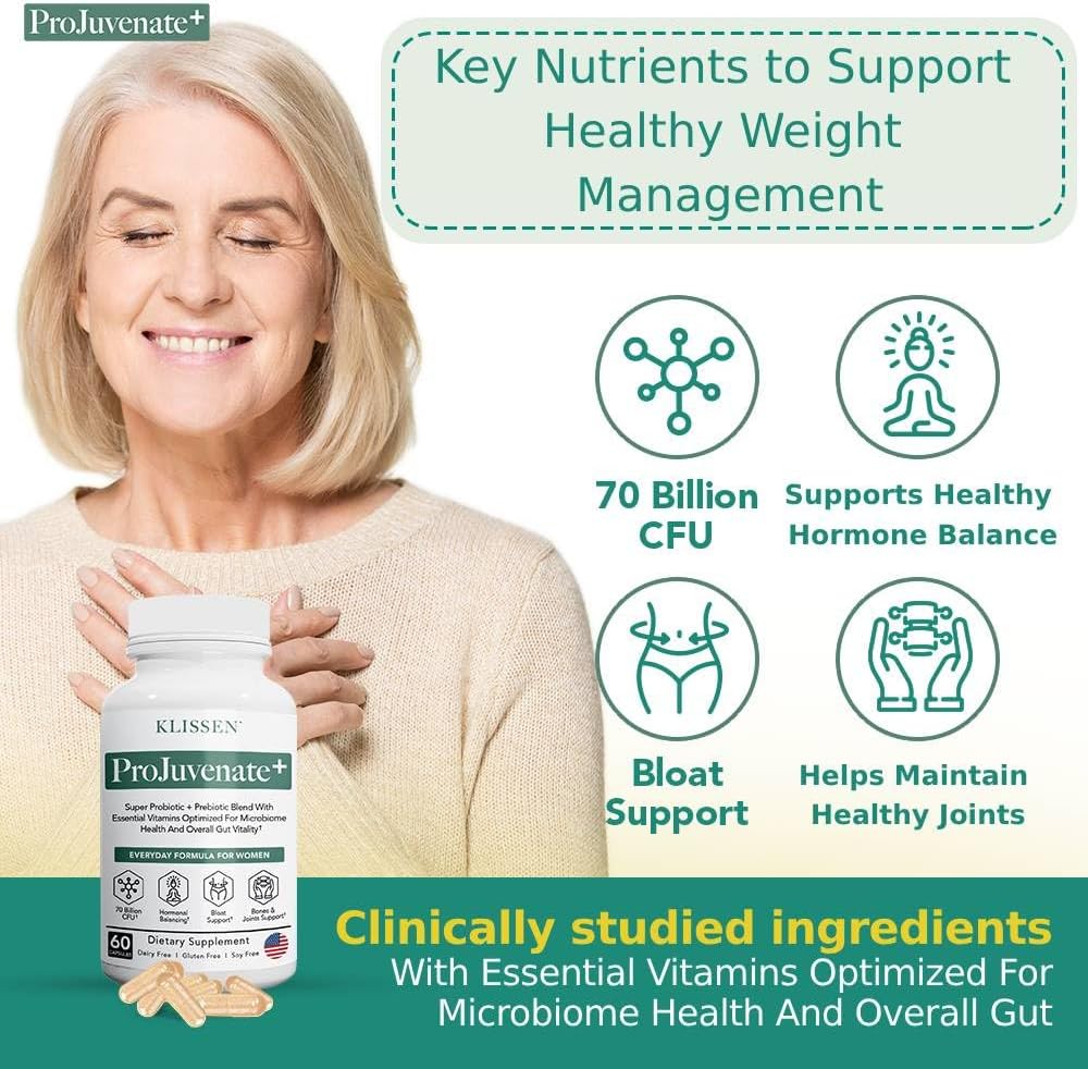 ProJuvenate+ Probiotic Weight Management for Women, Supports Gut & Digestive Health, Helps with Occasional Bloating, Healthy Metabolism & Immune Support, 70 Billion CFU & Prebiotics (60 Count)