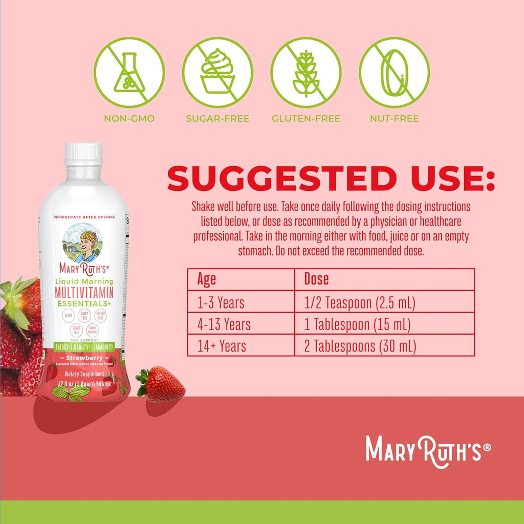 MaryRuth Organics Liquid Morning Multivitamin Essentials+ | Vitamin A C D E B6 B12 Biotin Zinc | Men's & Women's | Immune Support | Beauty | Sugar Free | Vitamins for Ages 1+ | Vegan | 32 Fl Oz