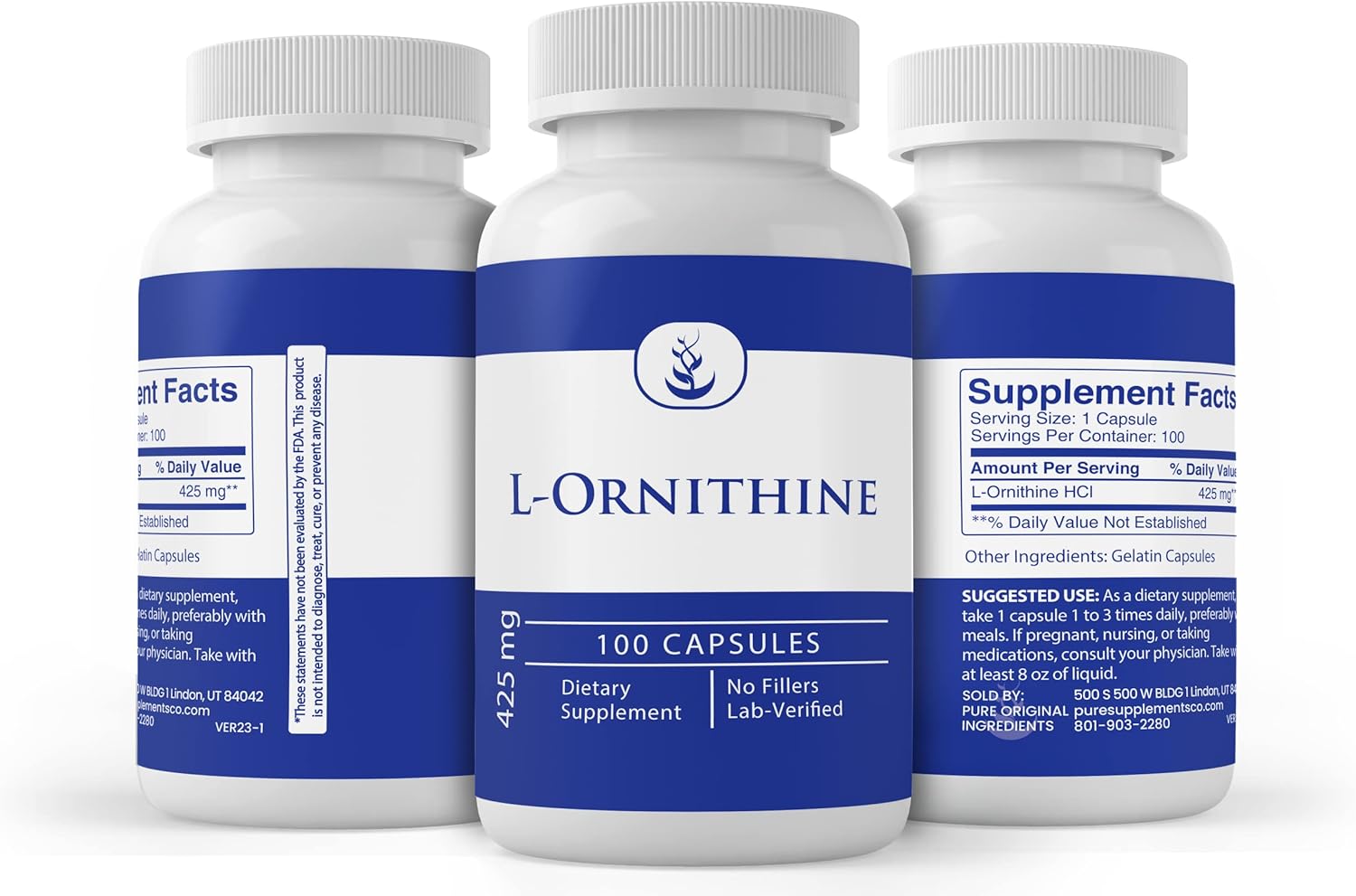 Pure Original Ingredients L-Ornithine, (100 Capsules) Always Pure, No Additives Or Fillers, Lab Verified