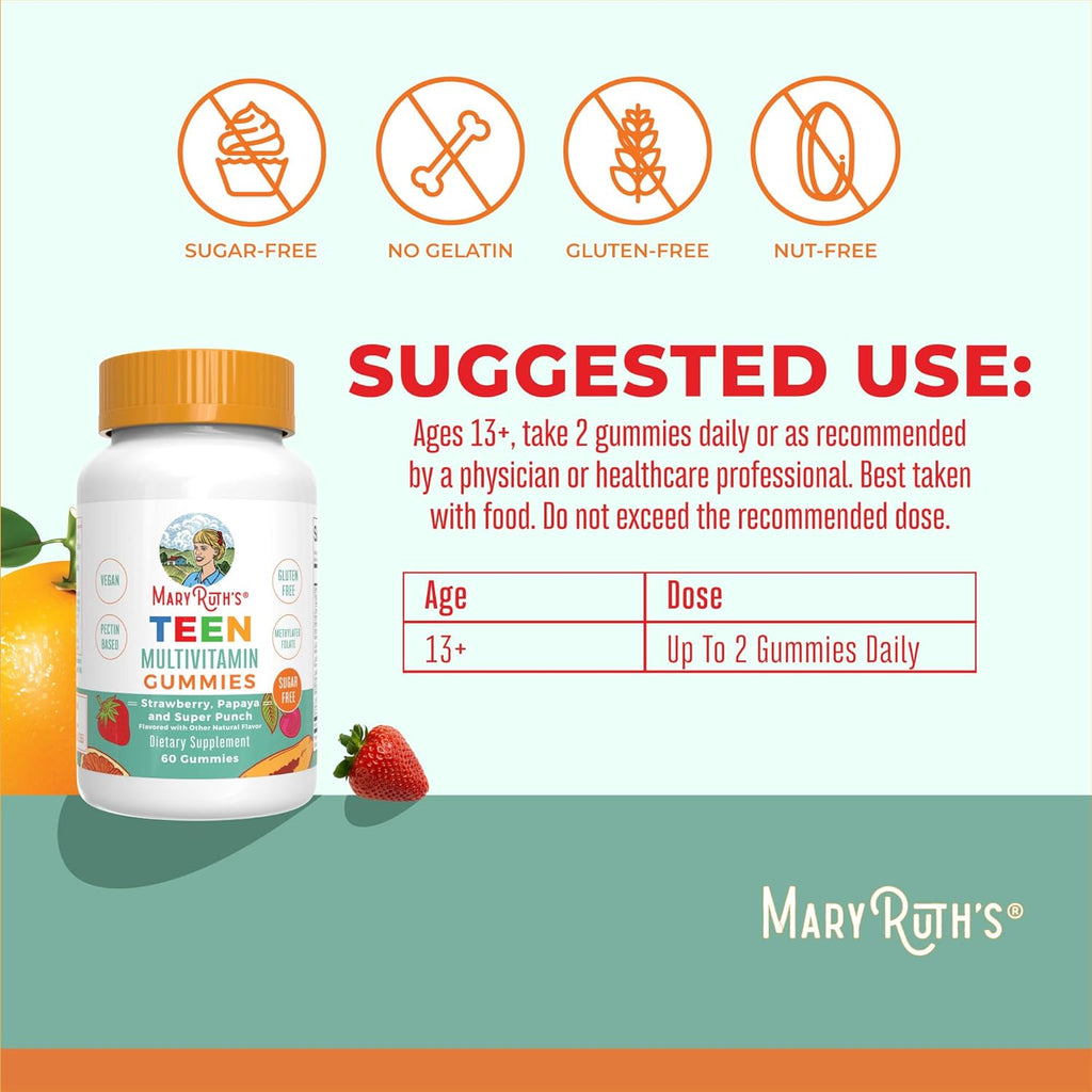 MaryRuth Organics Multivitamin for Teens | Teen Multivitamin Multimineral Gummies with Vitamin B, C, D and E, Biotin, Zinc | Teen Vitamins | Vegan | Sugar Free | Gluten Free | 60 Count