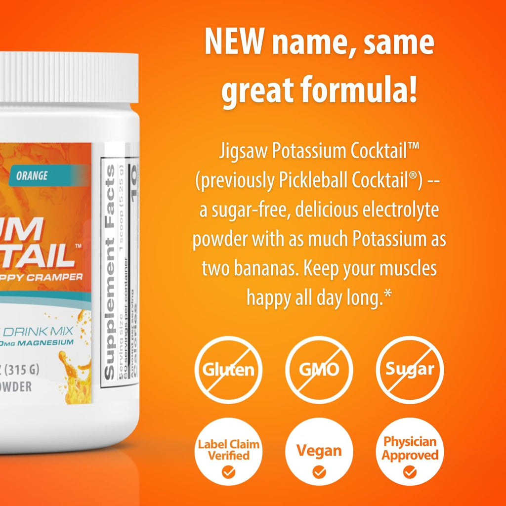 Jigsaw Health Potassium Cocktail | Formerly Pickleball Cocktail | Orange Flavor | 60 Servings (Jar)