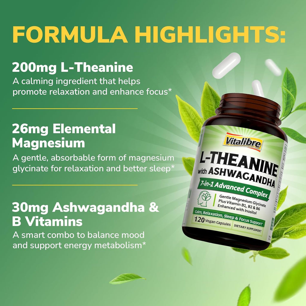 L-Theanine 200mg Supplement, Magnesium Glycinate, Ashwagandha, Inositol, Vitamin B1 B2 B6, No Gluten, Calm, Relaxation, Focus, Cognitive Function, 120 Vegan Caps