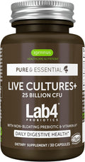 Igennus Probiotics & Prebiotic, Lactobacillus Acidophilus & Bifidobacterium, Live Cultures+ Lab4, Guaranteed 25 Billion CFU, for Women & Men, Non-Bloating Gut Health Support, Non-GMO, 30 Capsules