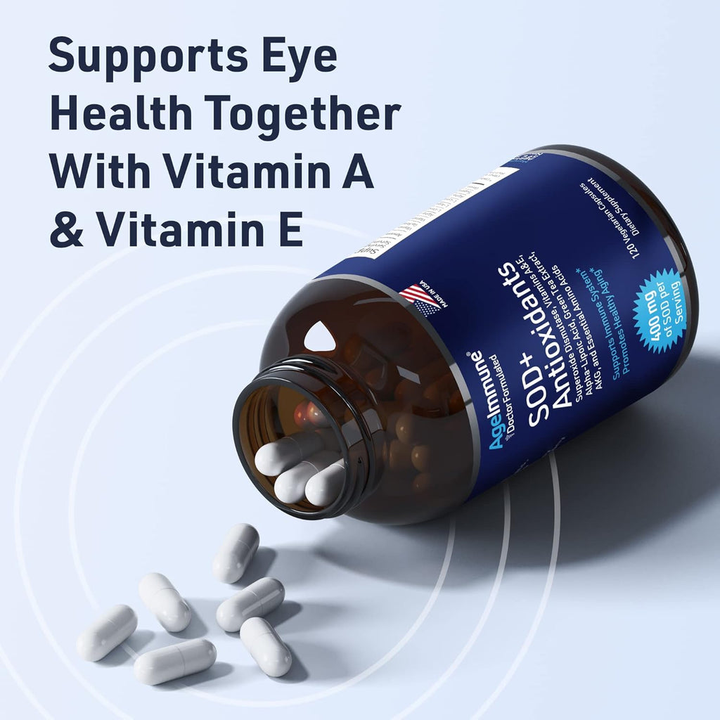 SOD Antioxidants Complex Healthy Aging Supplement - 400mg of Superoxide Dismutase - Alpha Lipoic Acid - Green Tea Extract - L-Arginine - Lysine - AKG - Vitamins A and E for Immune Support-120 Capsules