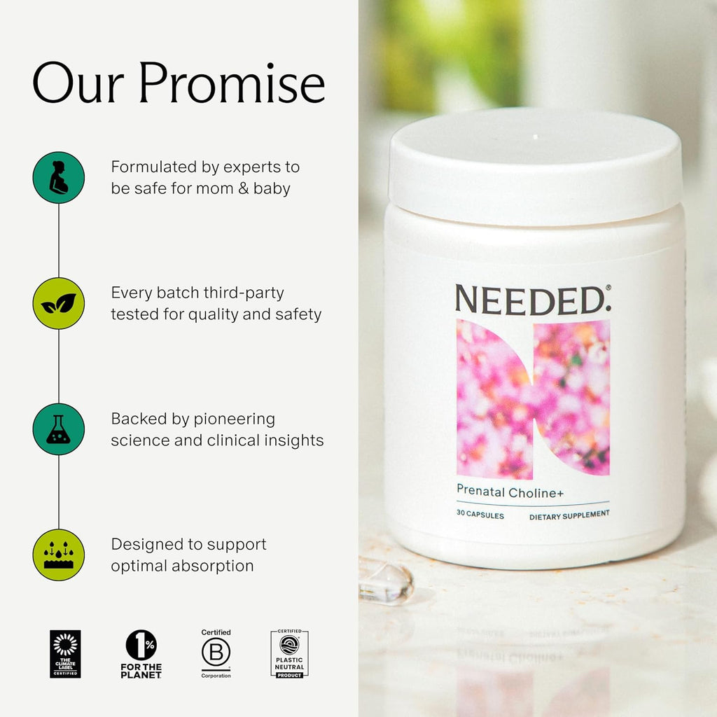 Needed. Prenatal Choline+ Liquid Capsules for Cognitive Development - Choline Supplements For Pregnancy - Aids Baby Brain Development & Supports Healthy Pregnancy - Third Party Tested - 30 Liquid Caps
