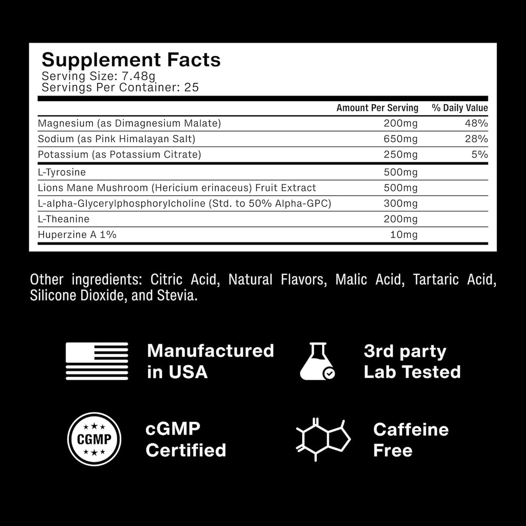 PRSNT Nootropic Drink Powder – Mango Flavor – Focus, Energy & Brain Boost Supplement – Lions Mane, Alpha GPC, L-Tyrosine, Magnesium, Electrolytes – 25 Servings, Caffeine-Free, Sugar-Free