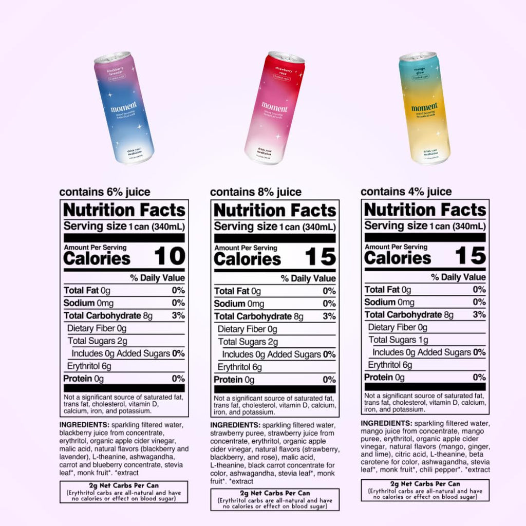 Moment Botanical Soda Soft Drink (Shark Tank) - SPARKLING Drinks | Fruity Fun | L-Theanine & Ashwagandha for Calm & Clarity | 0 Added Sugar 0 Caffeine | 24-pack