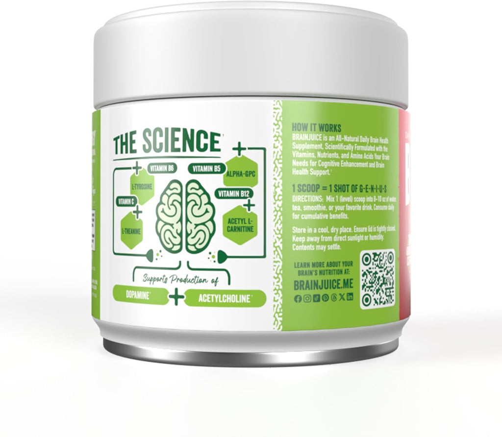 BrainJuice Nootropics Brain Support Supplement, Gluten Free Powder for Energy and Focus, Drink Mix with L Theanine, Alpha GPC, Vitamin B, Organic Green Tea Extract Caffeine, Pomegranate, 15 Servings