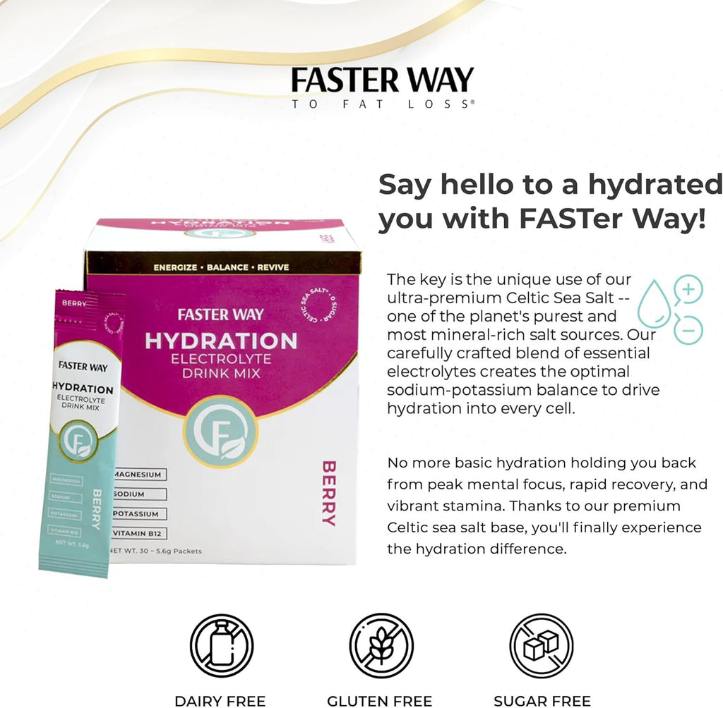 Faster Way - Hydration - Electrolyte Drink Mix - with Apple Cider Vinegar, Choline, Probiotics & Natural B Vitamins - Energize & Revive - Powder Packets - Zero Sugars - Gluten Free - Berry - 30 Pack