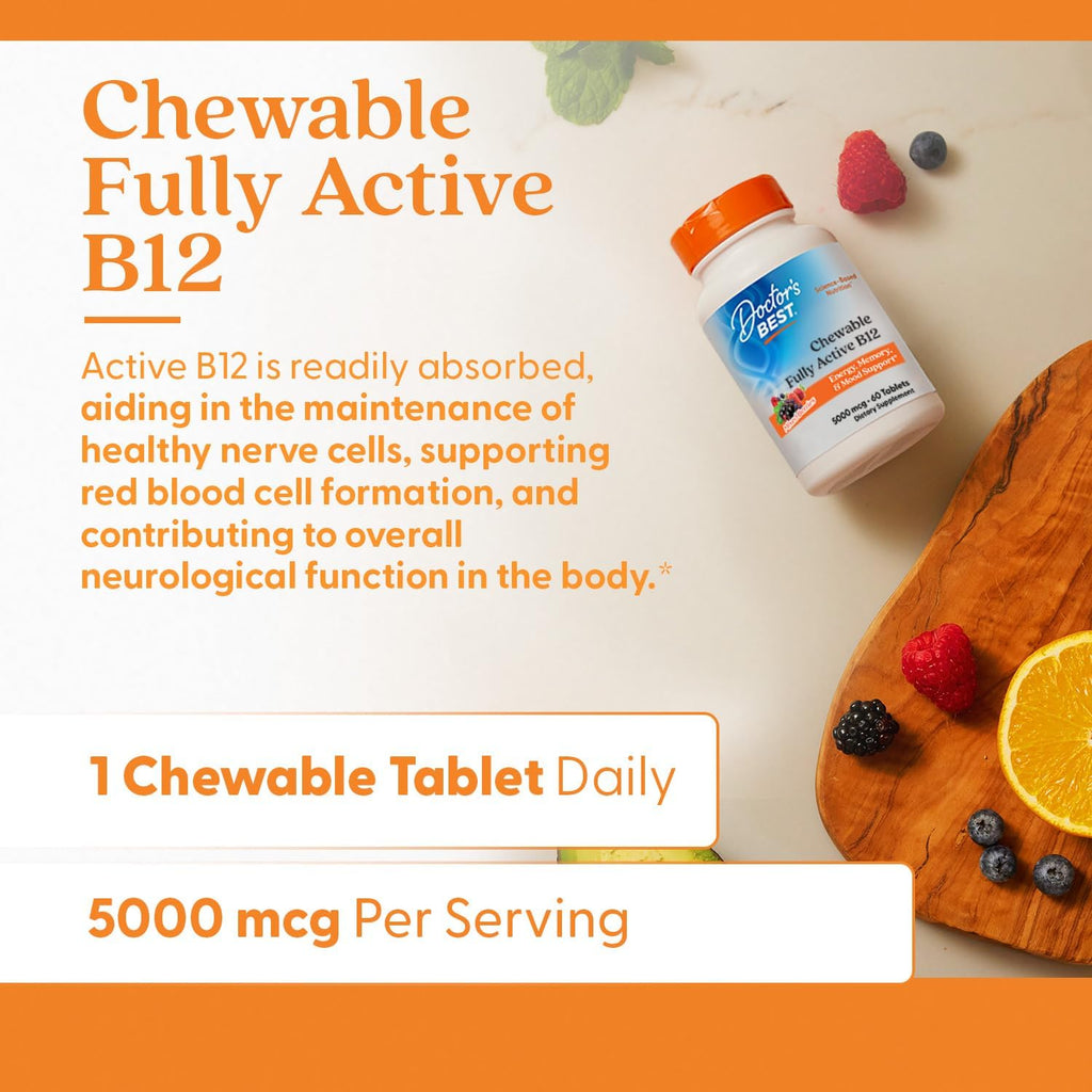 Doctor's Best Chewable Fully Active Methyl B12, Methylcobalamin, Energy, Memory, & Mood Support, Non-GMO, Gluten Free, Soy Free, Vegan 60 Tablets