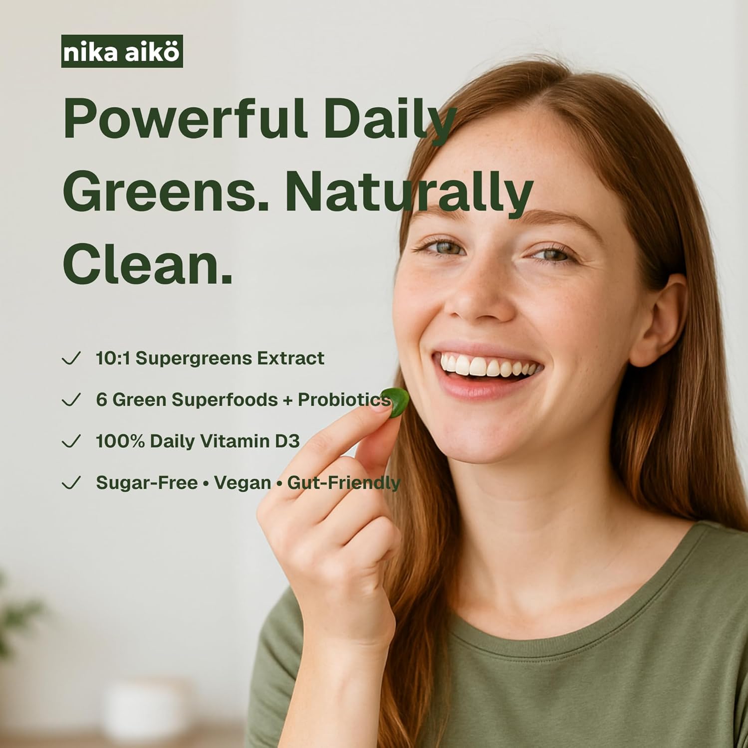 Greens Superfood Gummies, Boost Energy, Gut & Immune Support, Sugar-Free, Vegan with Broccoli, Spinach, Kale, Spirulina, Chlorella, Probiotics & Multivitamin, Apple Flavor, 60 Count