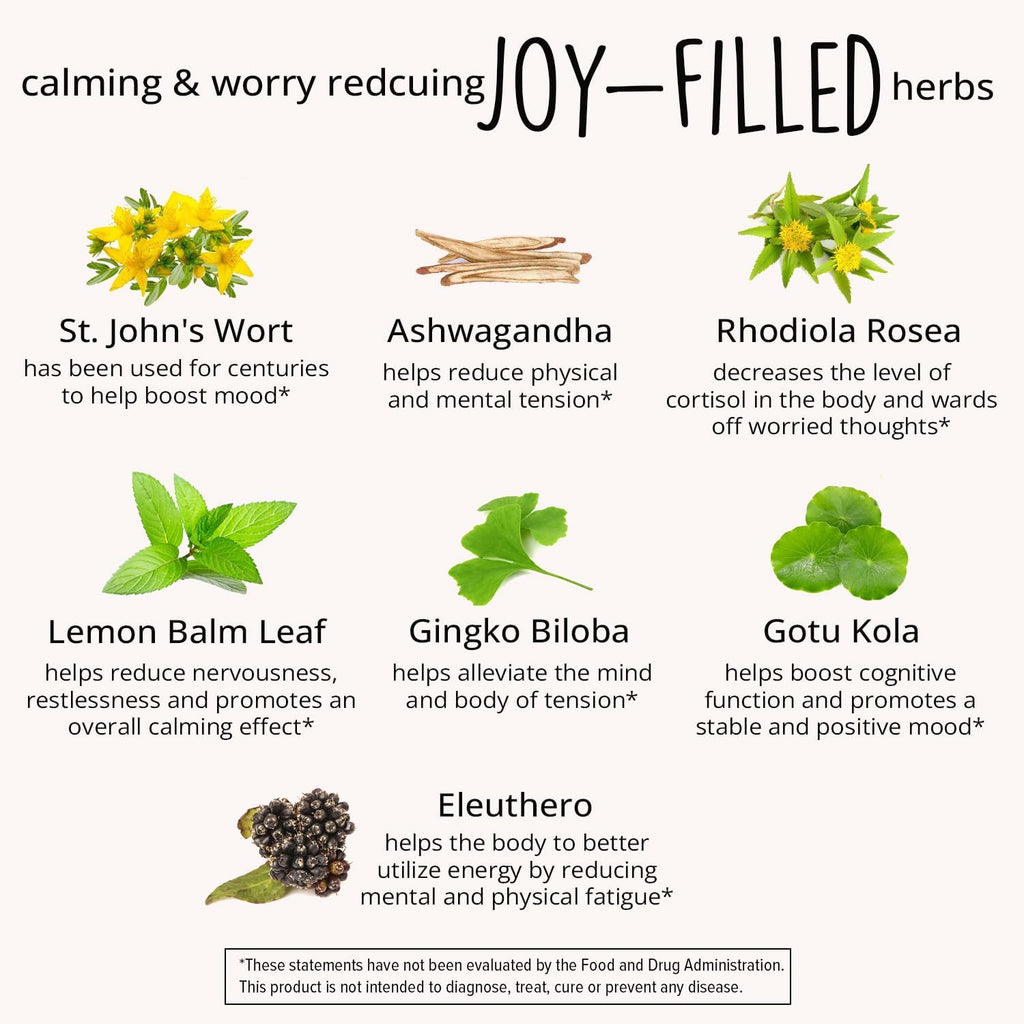 Joy-Filled Mood Support Supplement - 7 Herb Complex w/St. Johns Wort (180 Ct) | Rhodiola Rosea, Eleuthero, Ashwagandha | Stress Relief – Helps Calm The Mind & Body | 100% Plant-Based Happy Pills