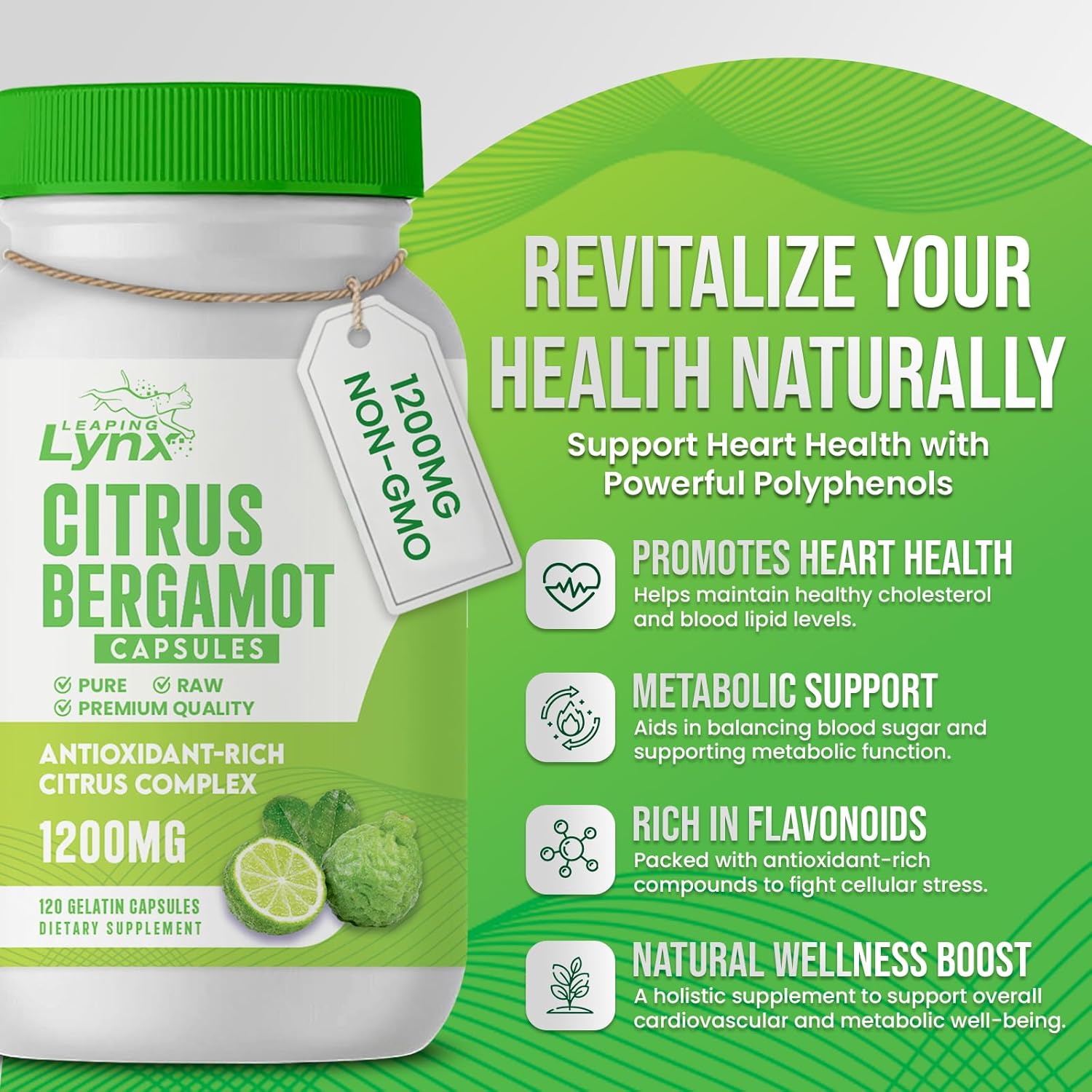Citrus Bergamot Capsules 1200mg – Heart & Cholesterol Support Supplement – 120 Capsules, 60-Day Supply – Antioxidant Flavonoids & Polyphenols – Non-GMO, Natural, Cardiovascular Health for Men & Women